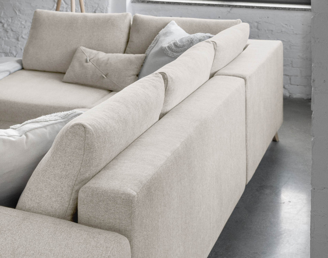 Lagom - canapé d'angle panoramique gauche convertible 7 places avec coffre en tissu - style scandinave