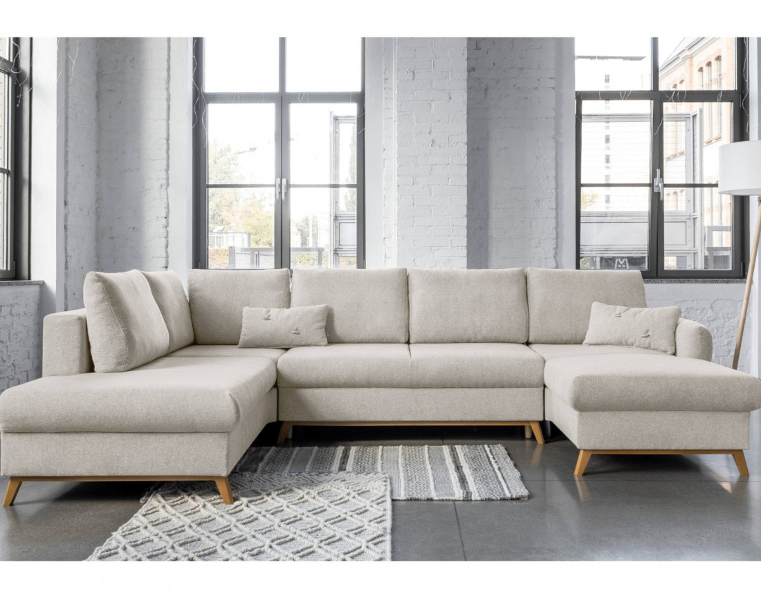 Lagom - canapé d'angle panoramique gauche convertible 7 places avec coffre en tissu - style scandinave