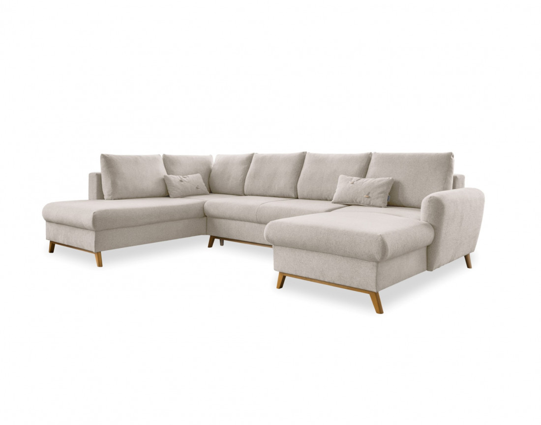 Lagom - canapé d'angle panoramique gauche convertible 7 places avec coffre en tissu - style scandinave