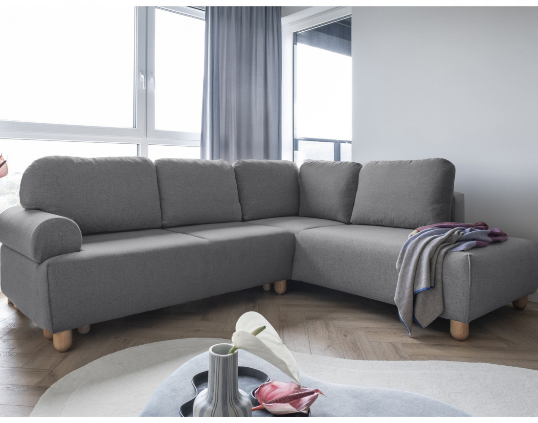 Canapé d'angle droit 5 places convertible avec coffre en tissu Olli