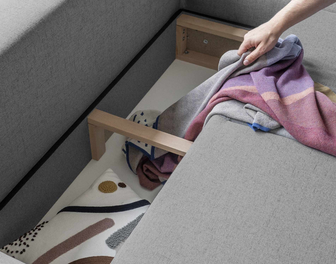 Canapé d'angle droit 5 places convertible avec coffre en tissu Olli