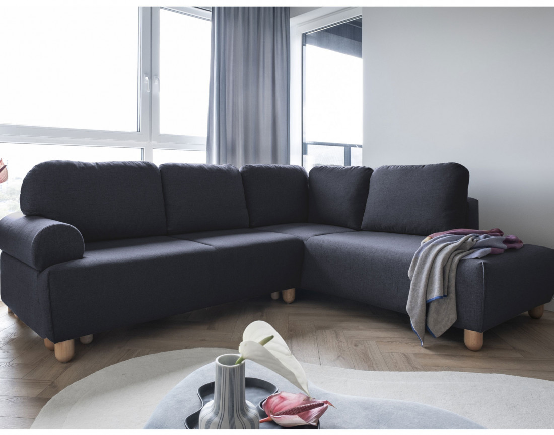 Canapé d'angle droit 5 places convertible avec coffre en tissu Olli