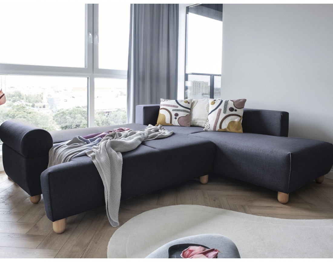 Canapé d'angle droit 5 places convertible avec coffre en tissu Olli