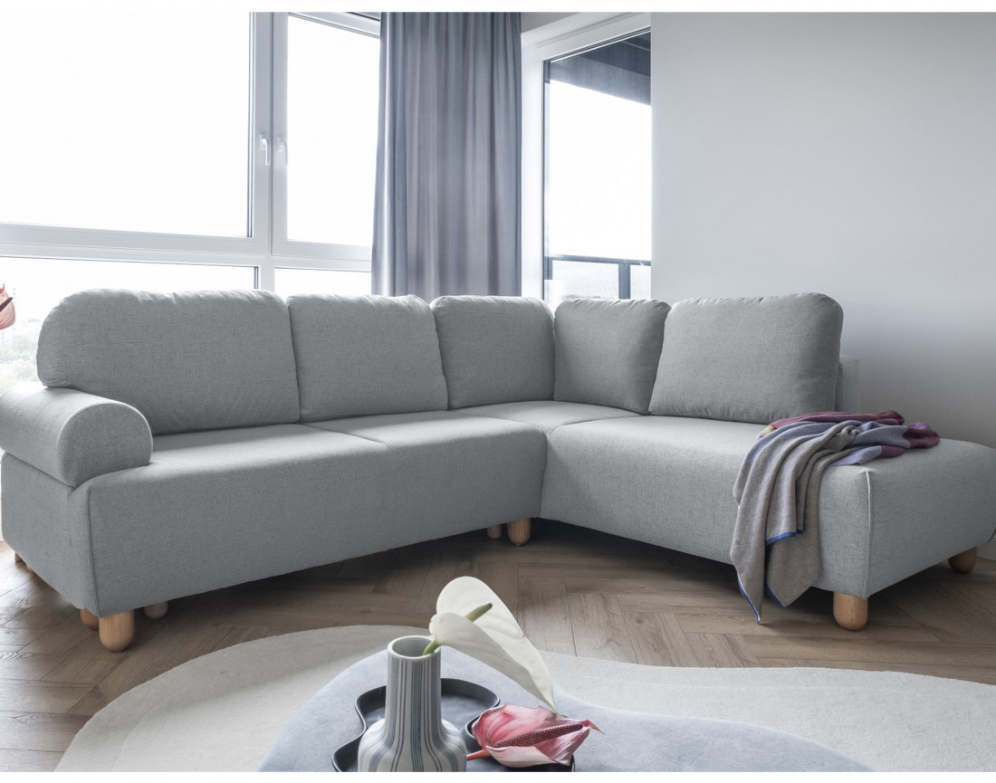 Canapé d'angle droit 5 places convertible avec coffre en tissu Olli