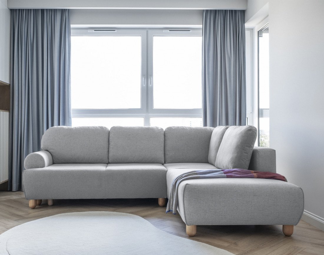 Canapé d'angle droit 5 places convertible avec coffre en tissu Olli