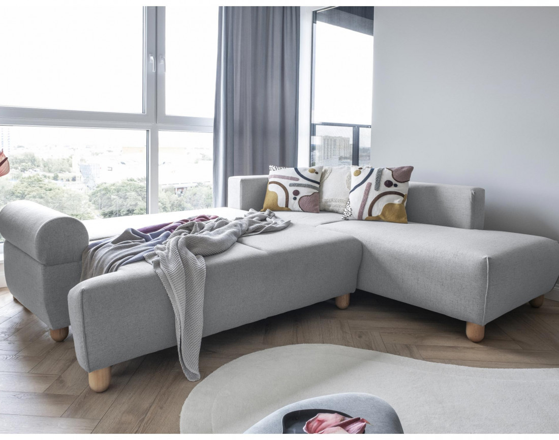 Canapé d'angle droit 5 places convertible avec coffre en tissu Olli