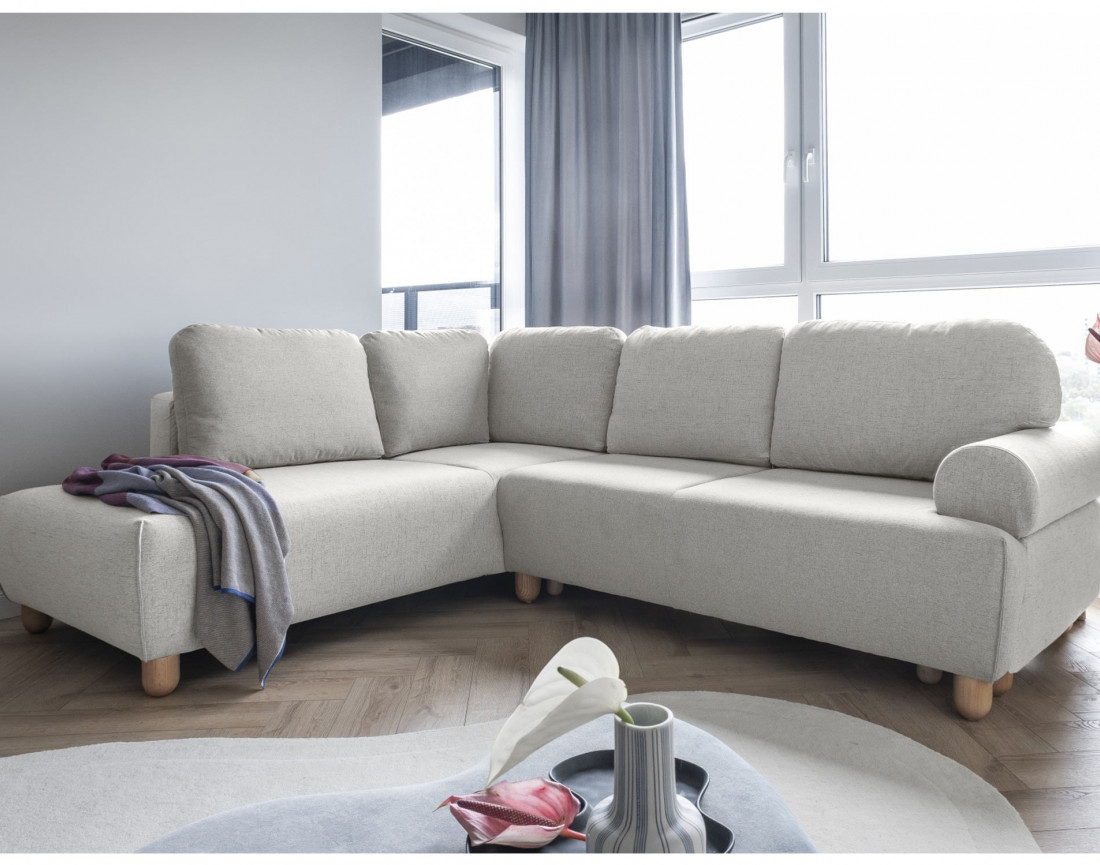 Canapé d'angle gauche 5 places convertible avec coffre en tissu Olli