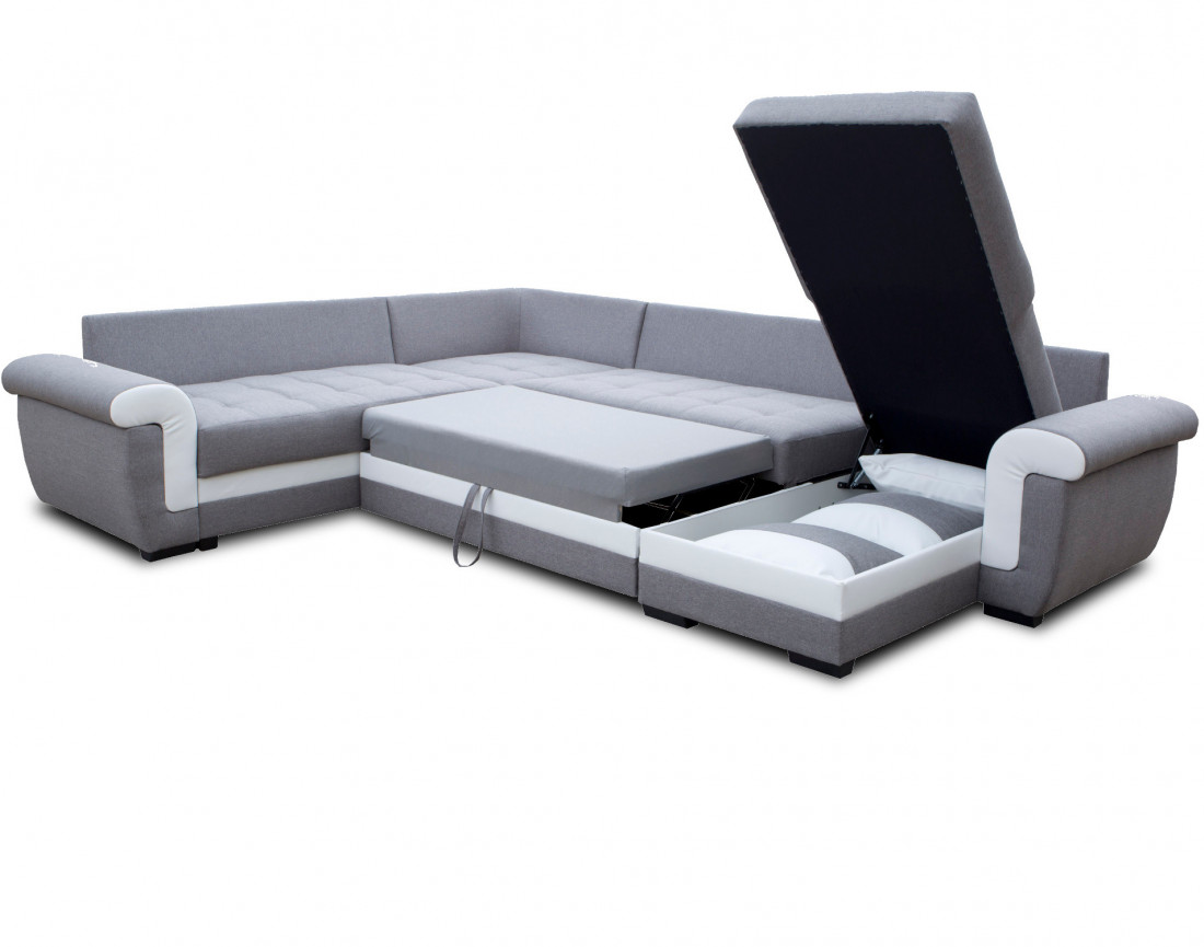 Canapé panoramique d'angle réversible convertible en tissu et PU Henry