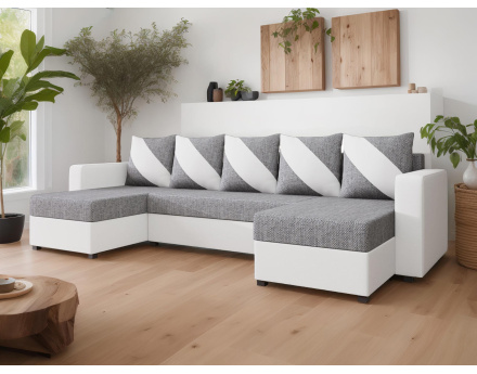 Romy - canapé panoramique en U 7 places convertible avec coffre en tissu et PU