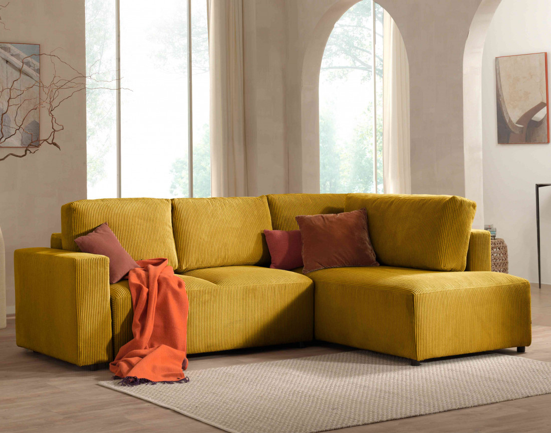 Canapé d'angle droit 5 places convertible avec coffre en velours côtelé Livy