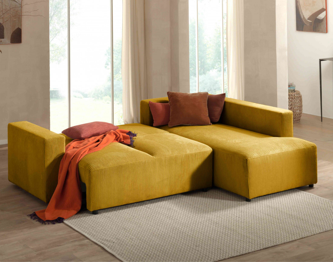 Canapé d'angle droit 5 places convertible avec coffre en velours côtelé Livy