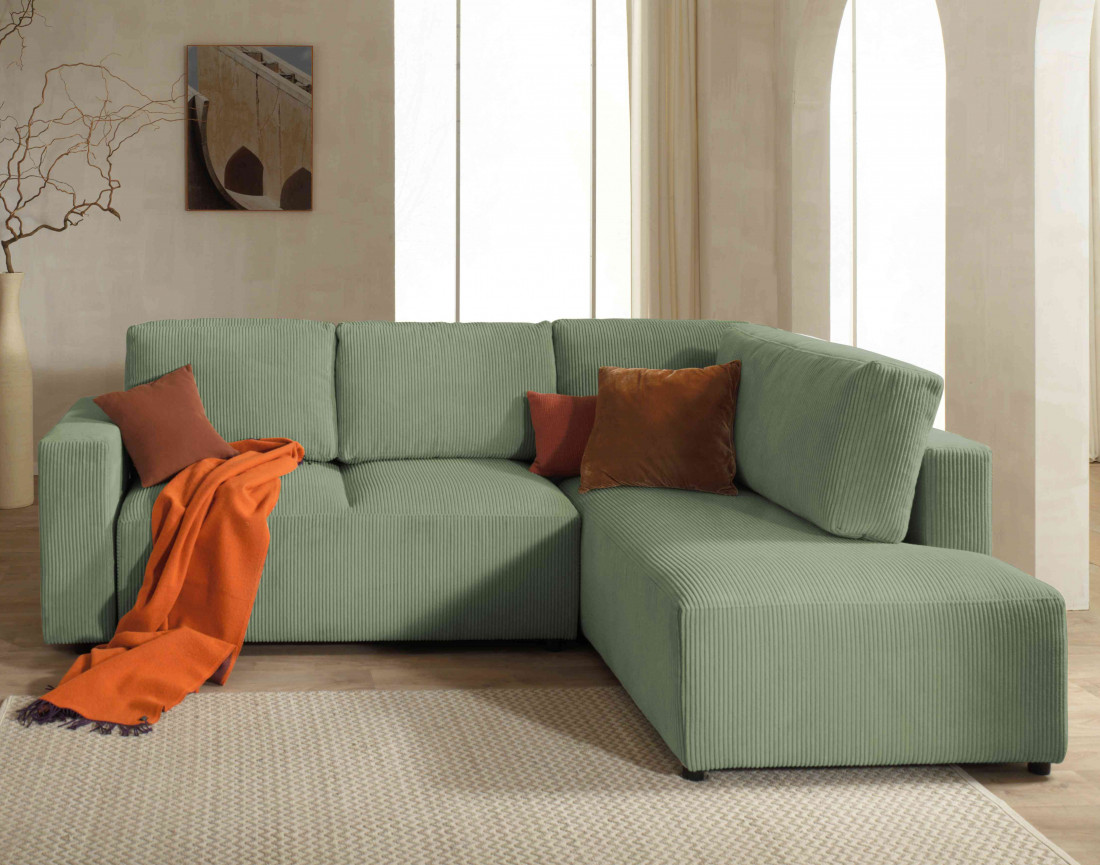 Canapé d'angle droit 5 places convertible avec coffre en velours côtelé Livy