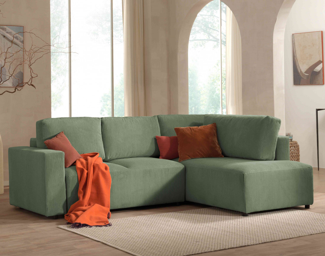 Canapé d'angle droit 5 places convertible avec coffre en velours côtelé Livy