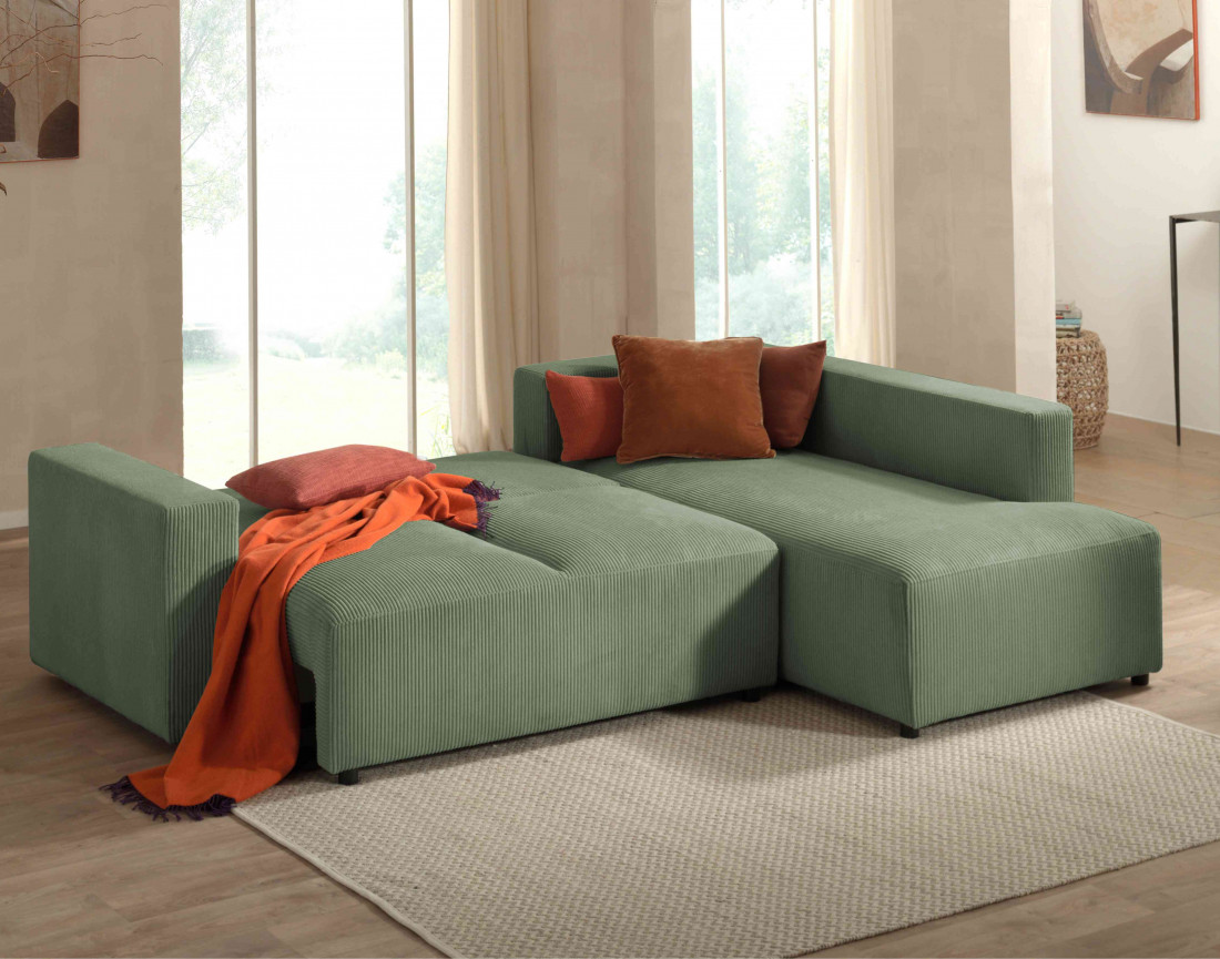 Canapé d'angle droit 5 places convertible avec coffre en velours côtelé Livy