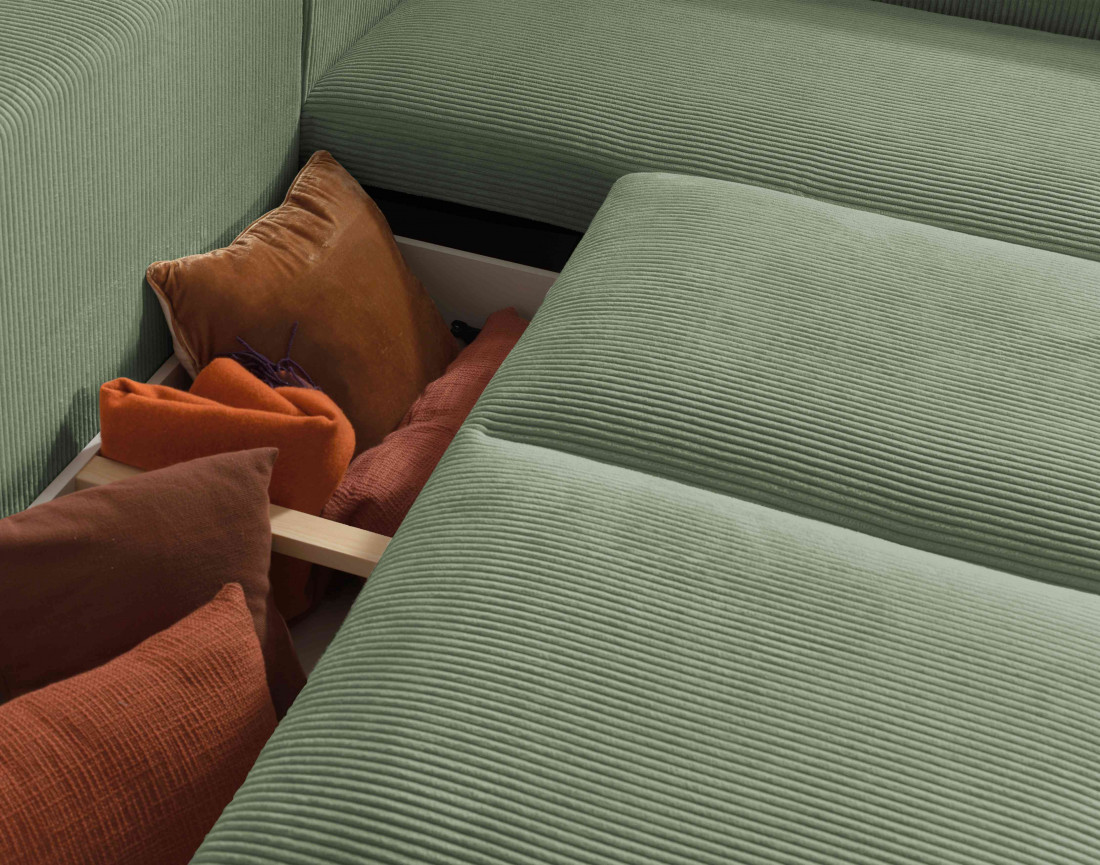 Canapé d'angle droit 5 places convertible avec coffre en velours côtelé Livy