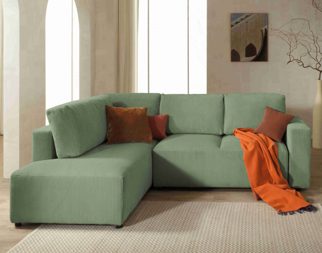 Canapé d'angle gauche 5 places convertible avec coffre en velours côtelé Livy