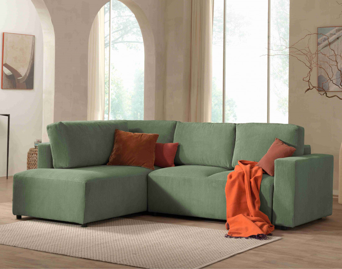 Canapé d'angle gauche 5 places convertible avec coffre en velours côtelé Livy
