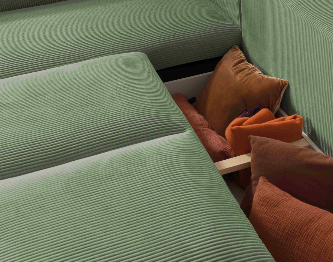 Canapé d'angle gauche 5 places convertible avec coffre en velours côtelé Livy