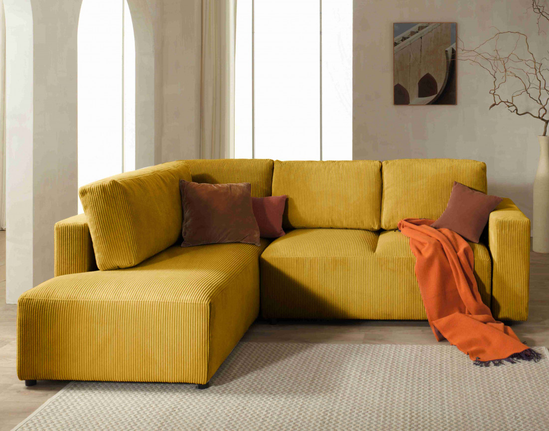 Canapé d'angle gauche 5 places convertible avec coffre en velours côtelé Livy