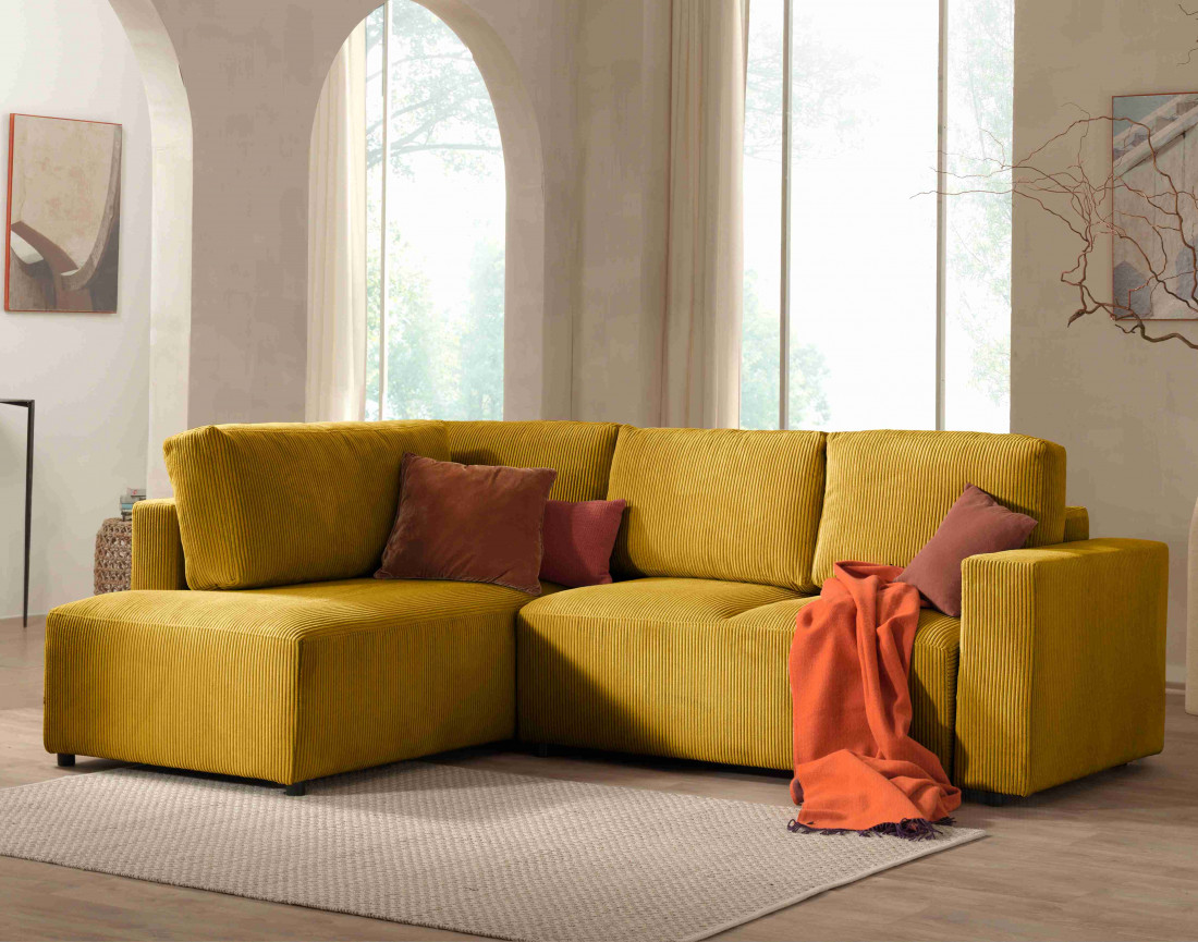 Canapé d'angle gauche 5 places convertible avec coffre en velours côtelé Livy