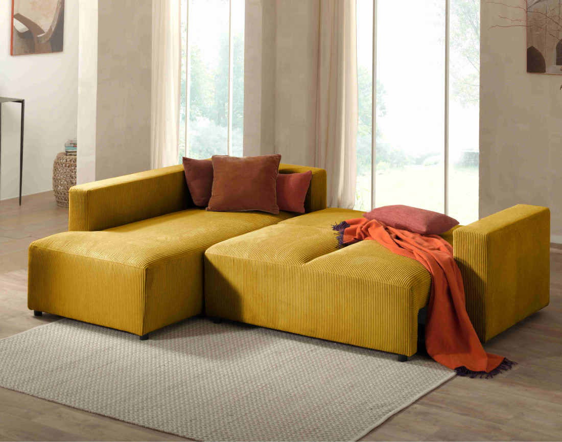 Canapé d'angle gauche 5 places convertible avec coffre en velours côtelé Livy