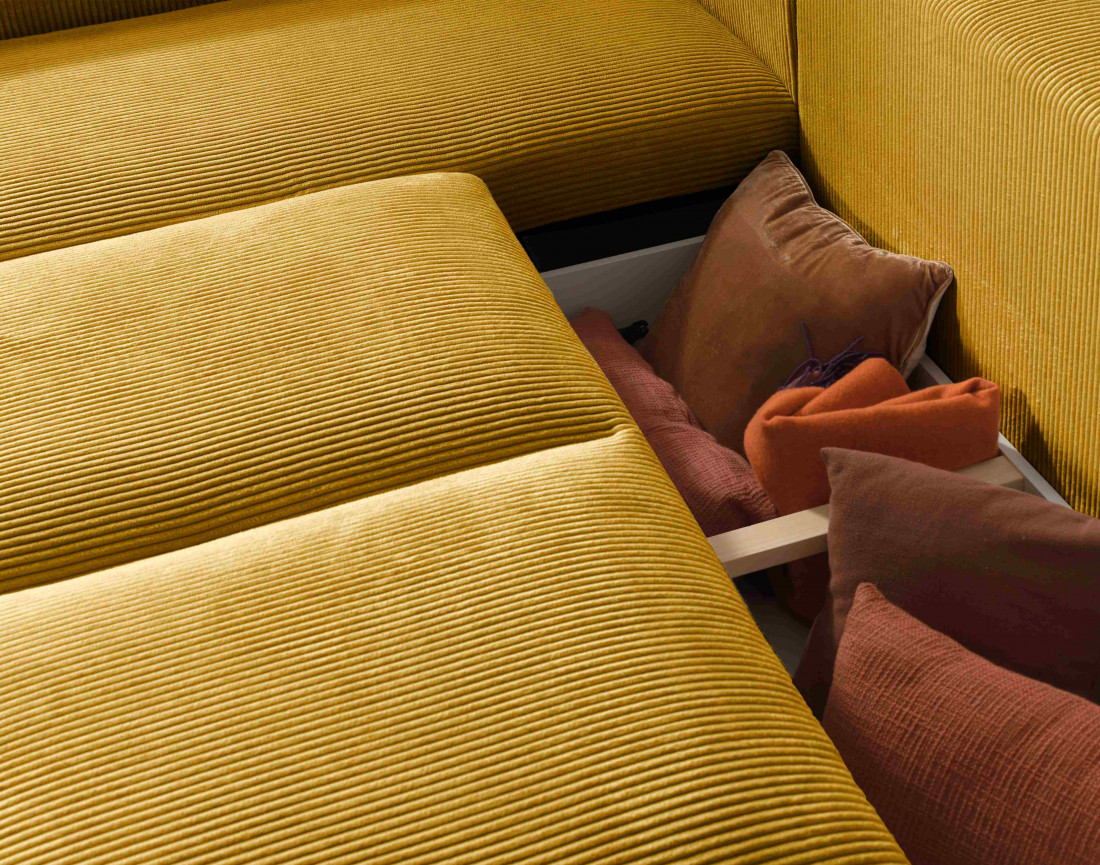 Canapé d'angle gauche 5 places convertible avec coffre en velours côtelé Livy