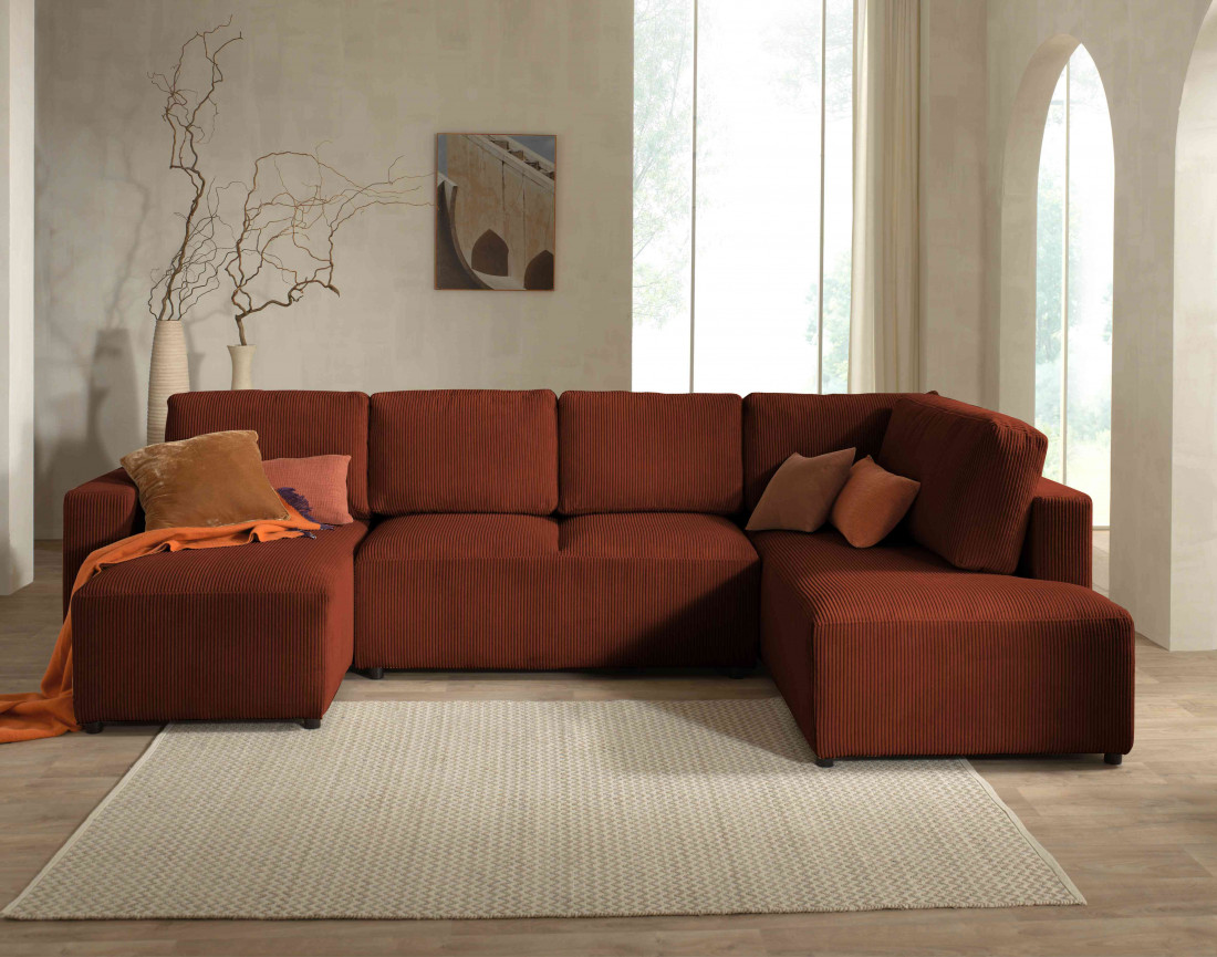 Canapé d'angle panoramique droit convertible avec coffre en velours côtelé Livy