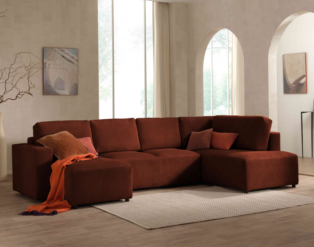 Canapé d'angle panoramique droit convertible avec coffre en velours côtelé Livy