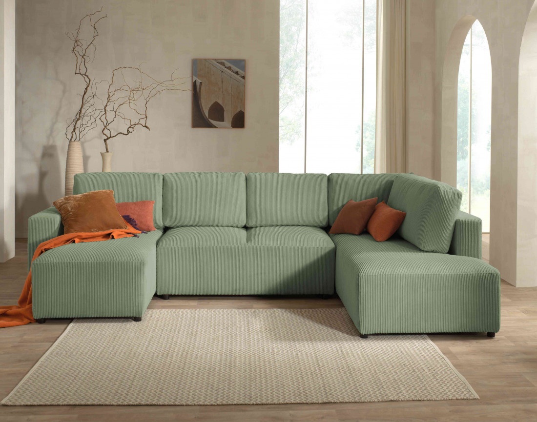 Canapé d'angle panoramique droit convertible avec coffre en velours côtelé Livy