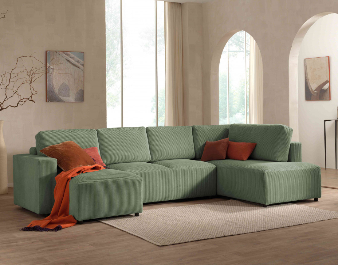 Canapé d'angle panoramique droit convertible avec coffre en velours côtelé Livy