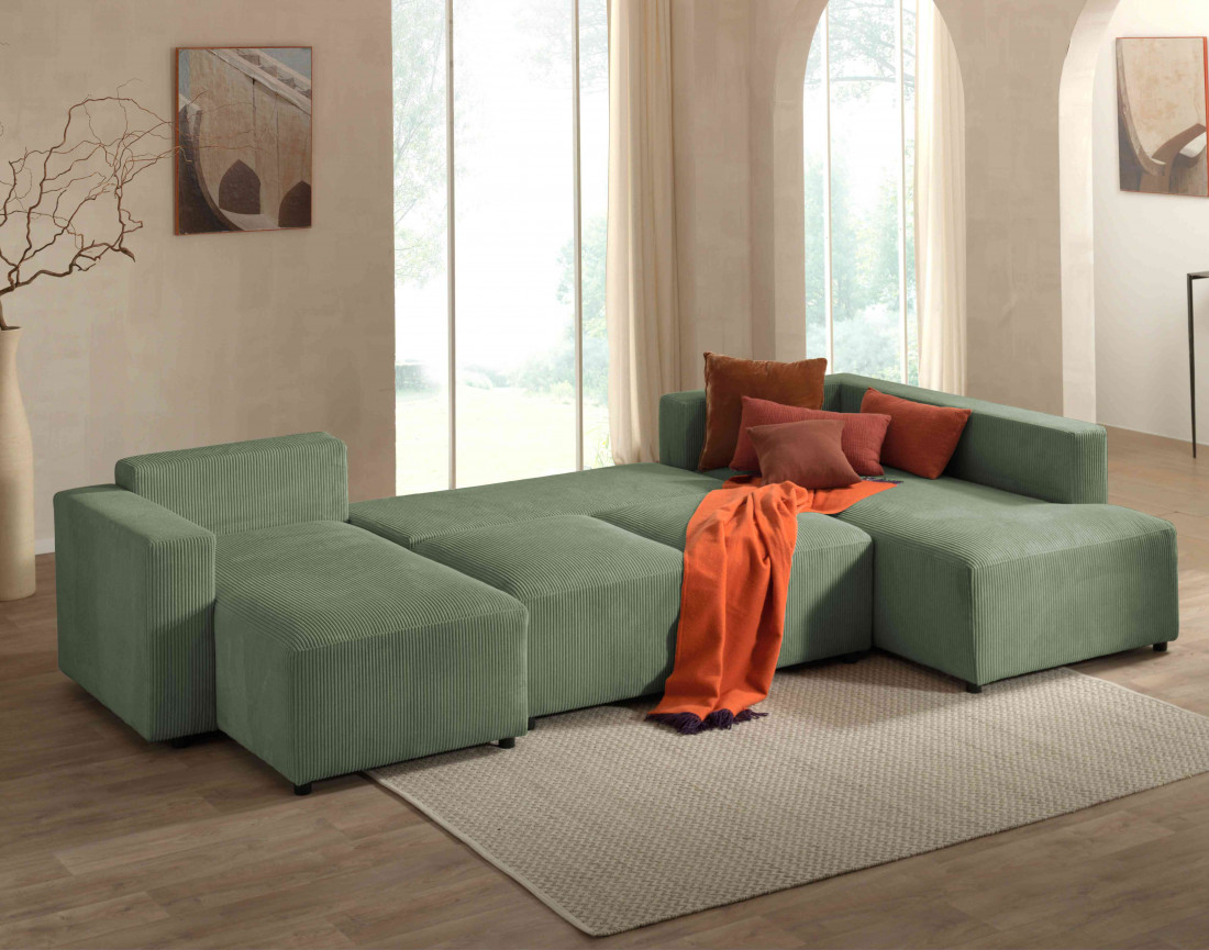 Canapé d'angle panoramique droit convertible avec coffre en velours côtelé Livy