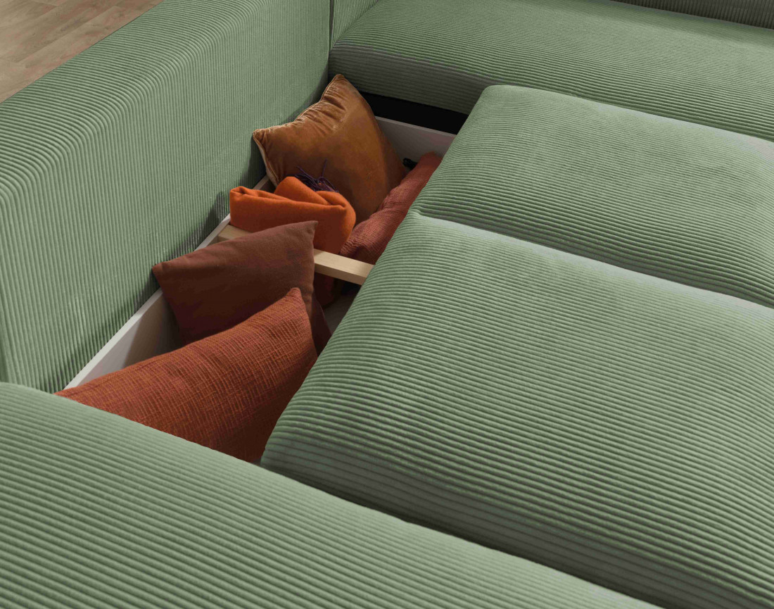 Canapé d'angle panoramique droit convertible avec coffre en velours côtelé Livy