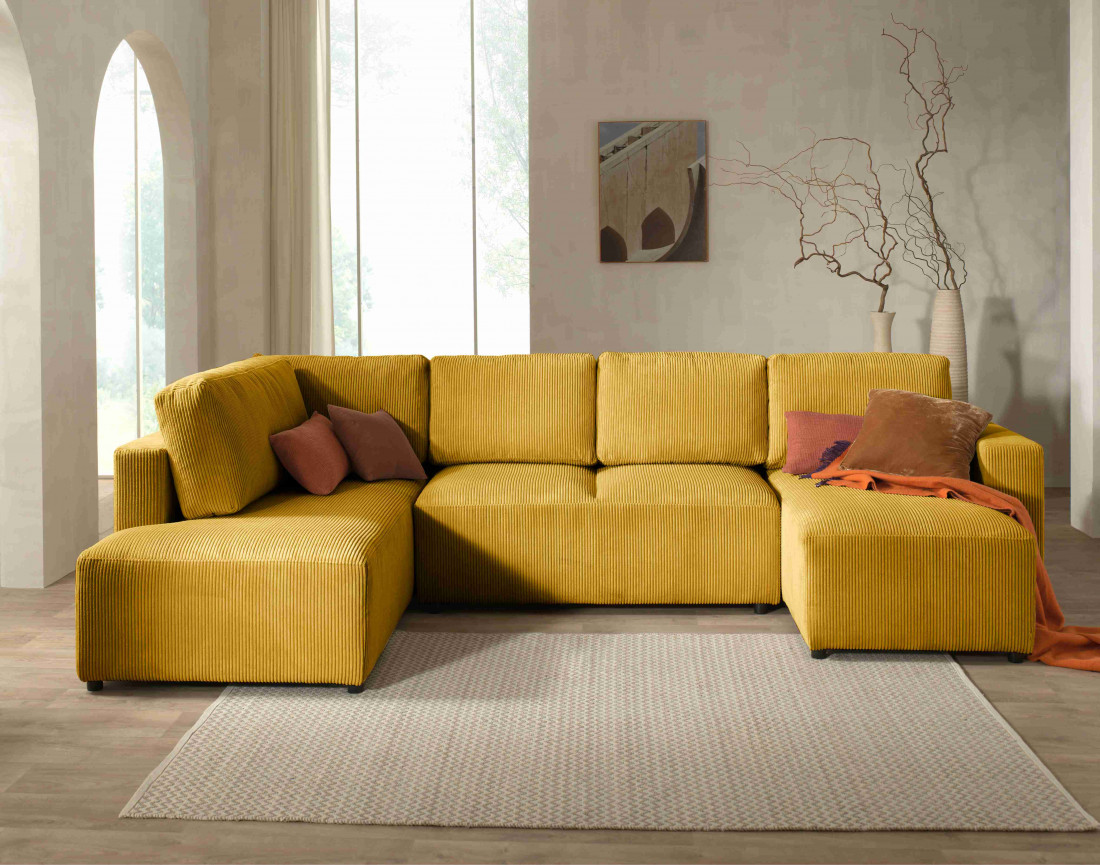 Canapé d'angle panoramique gauche convertible avec coffre en velours côtelé Livy