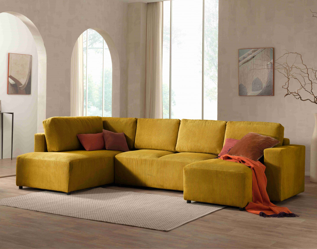 Canapé d'angle panoramique gauche convertible avec coffre en velours côtelé Livy