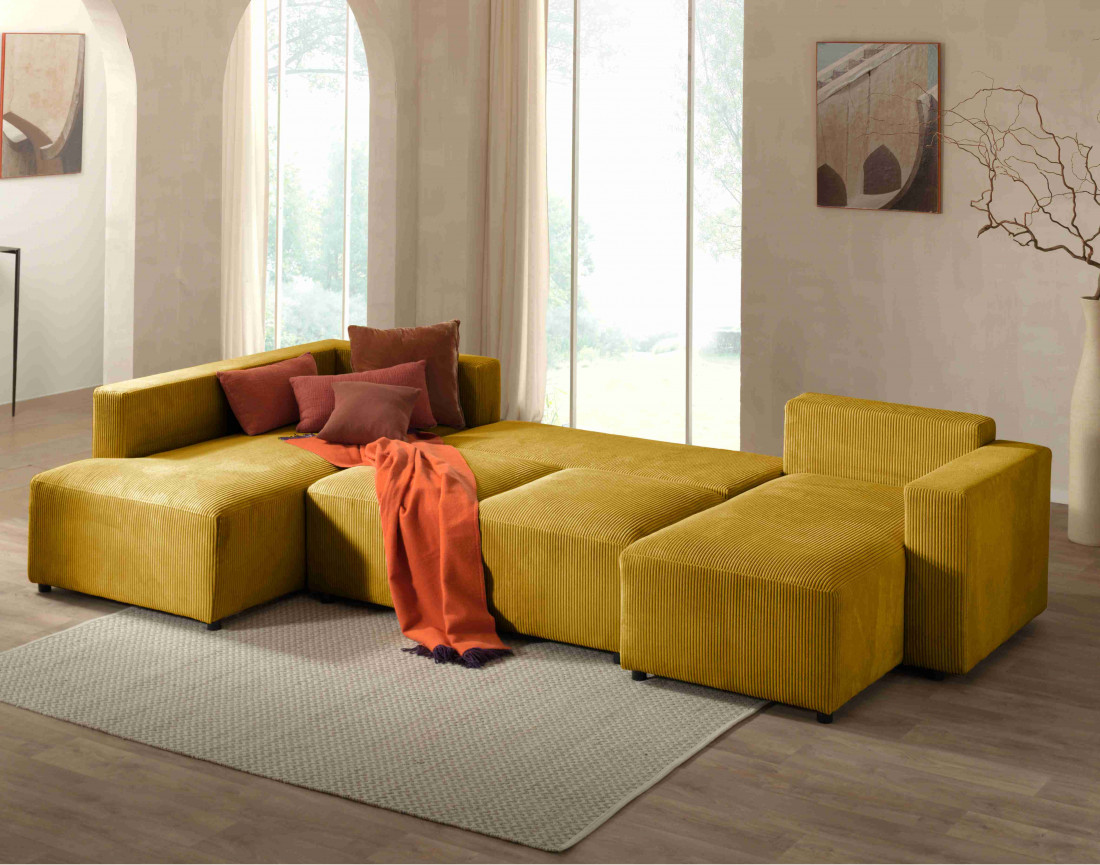 Canapé d'angle panoramique gauche convertible avec coffre en velours côtelé Livy