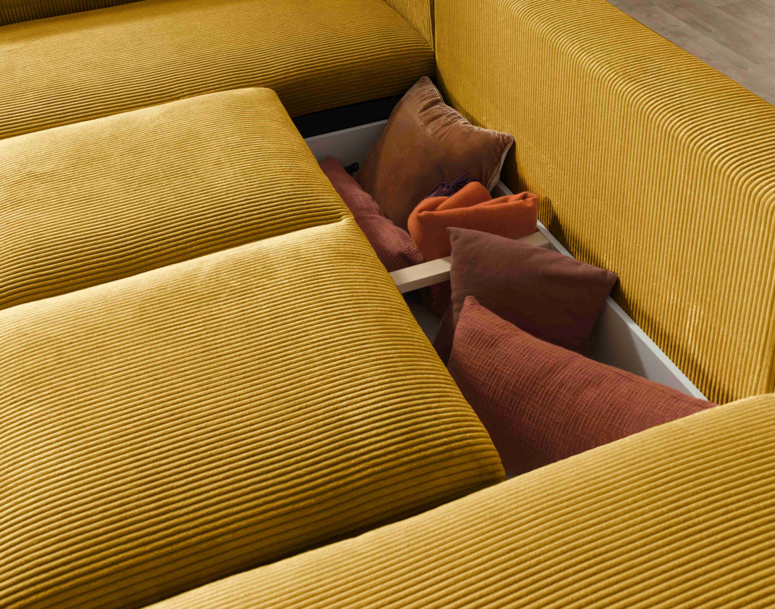 Canapé d'angle panoramique gauche convertible avec coffre en velours côtelé Livy