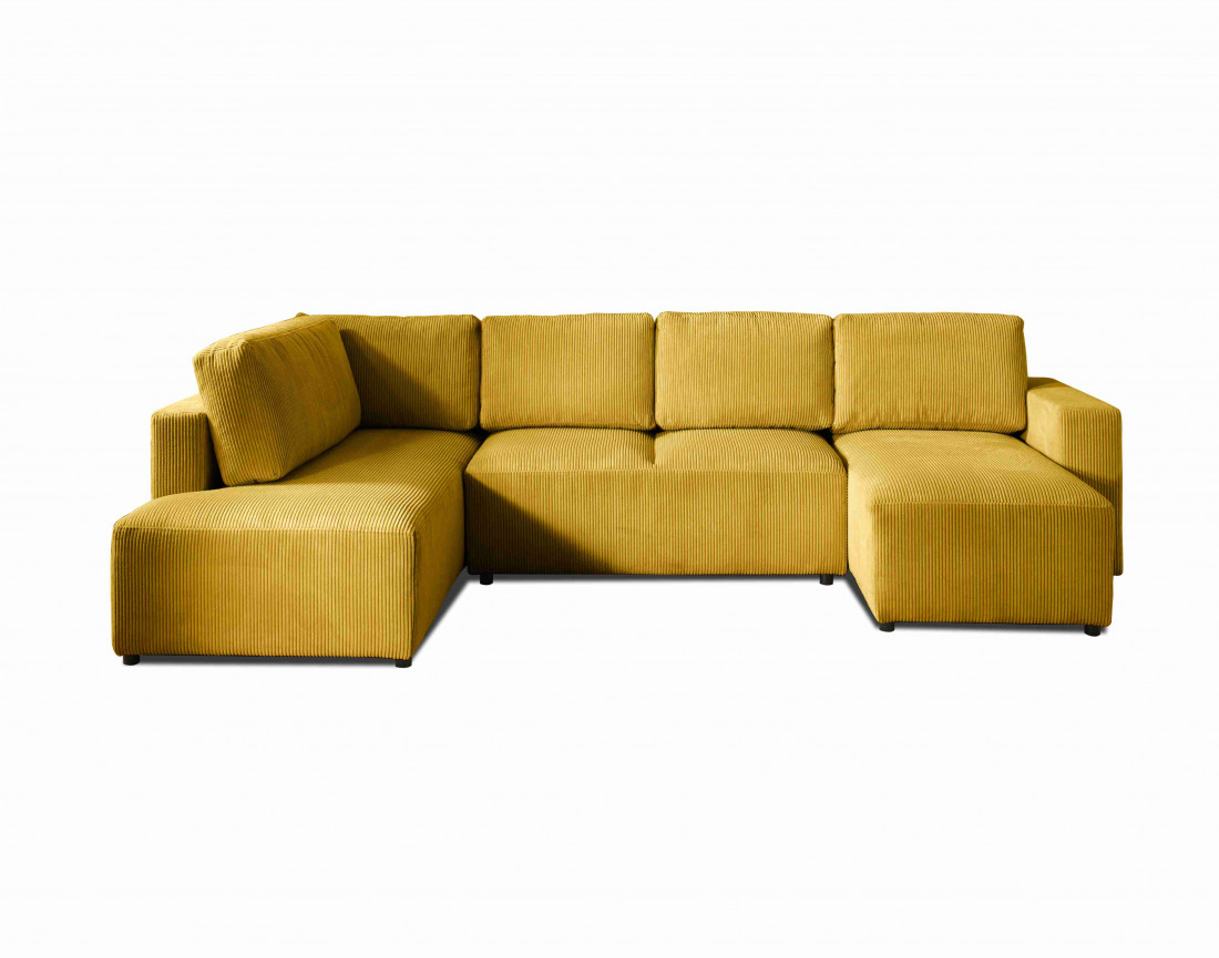Canapé d'angle panoramique gauche convertible avec coffre en velours côtelé Livy