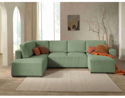 Canapé d'angle panoramique gauche convertible avec coffre en velours côtelé Livy