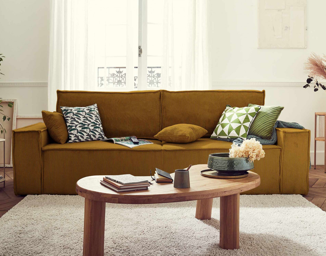 Dellia - canapé 3 places convertible - avec coffre - en velours côtelé - style contemporain