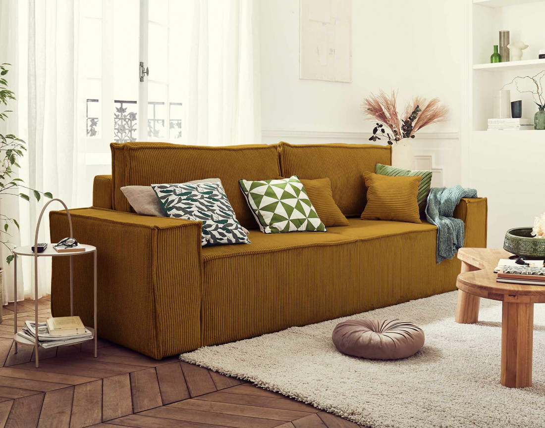 Dellia - canapé 3 places convertible - avec coffre - en velours côtelé - style contemporain