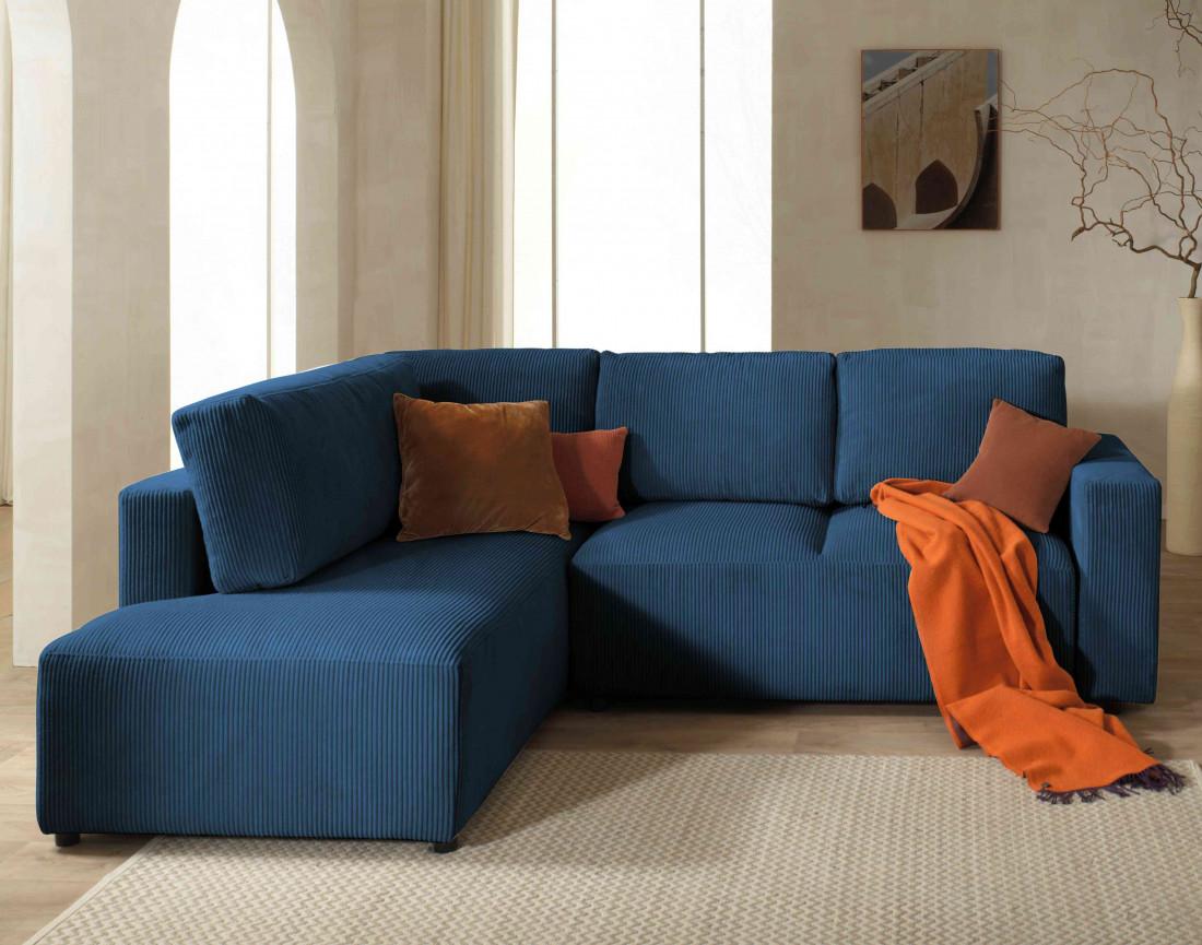 Canapé d'angle gauche 5 places convertible avec coffre en velours côtelé Livy