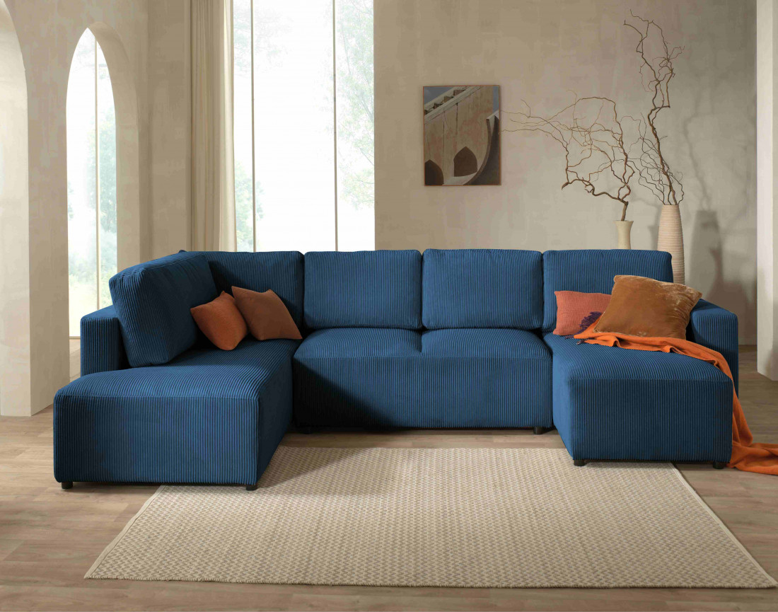 Canapé d'angle panoramique gauche convertible avec coffre en velours côtelé Livy