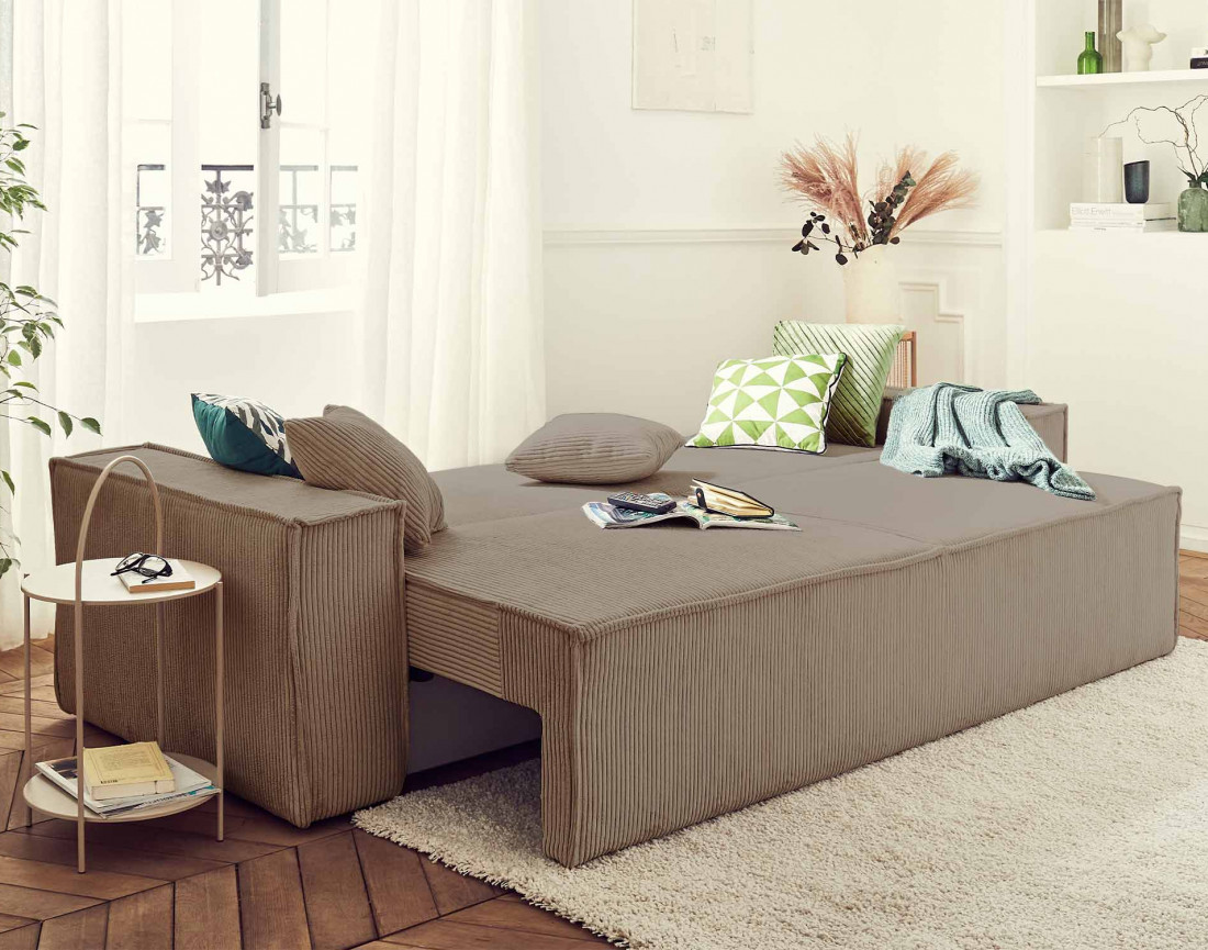Dellia - canapé 3 places convertible - avec coffre - en velours côtelé - style contemporain