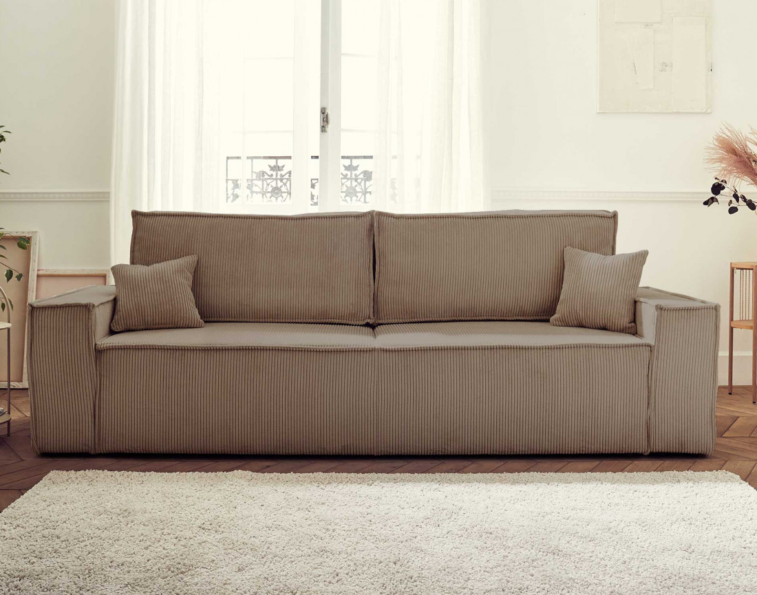 Dellia - canapé 3 places convertible - avec coffre - en velours côtelé - style contemporain
