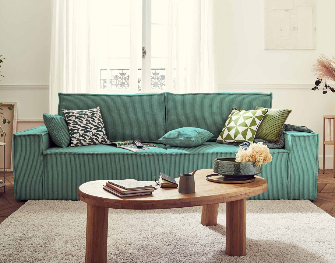 Dellia - canapé 3 places convertible avec coffre en velours côtelé - style contemporain