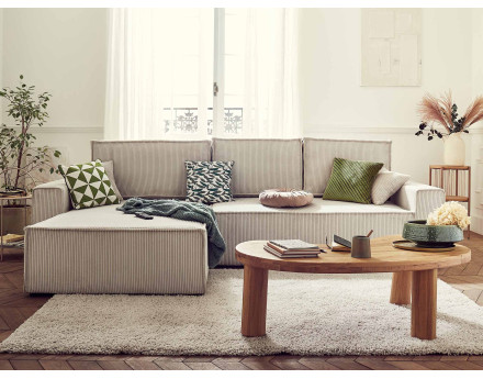 Dellia - canapé d'angle 4 places réversible convertible avec coffre en velours côtelé - style contemporain