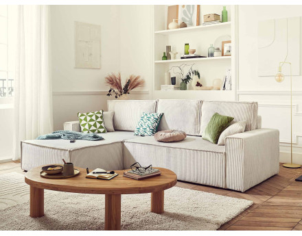 Dellia - canapé d'angle 4 places réversible convertible avec coffre en velours côtelé - style contemporain