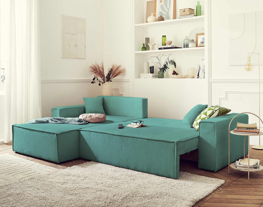 Dellia - canapé d'angle 4 places réversible convertible avec coffre en velours côtelé - style contemporain