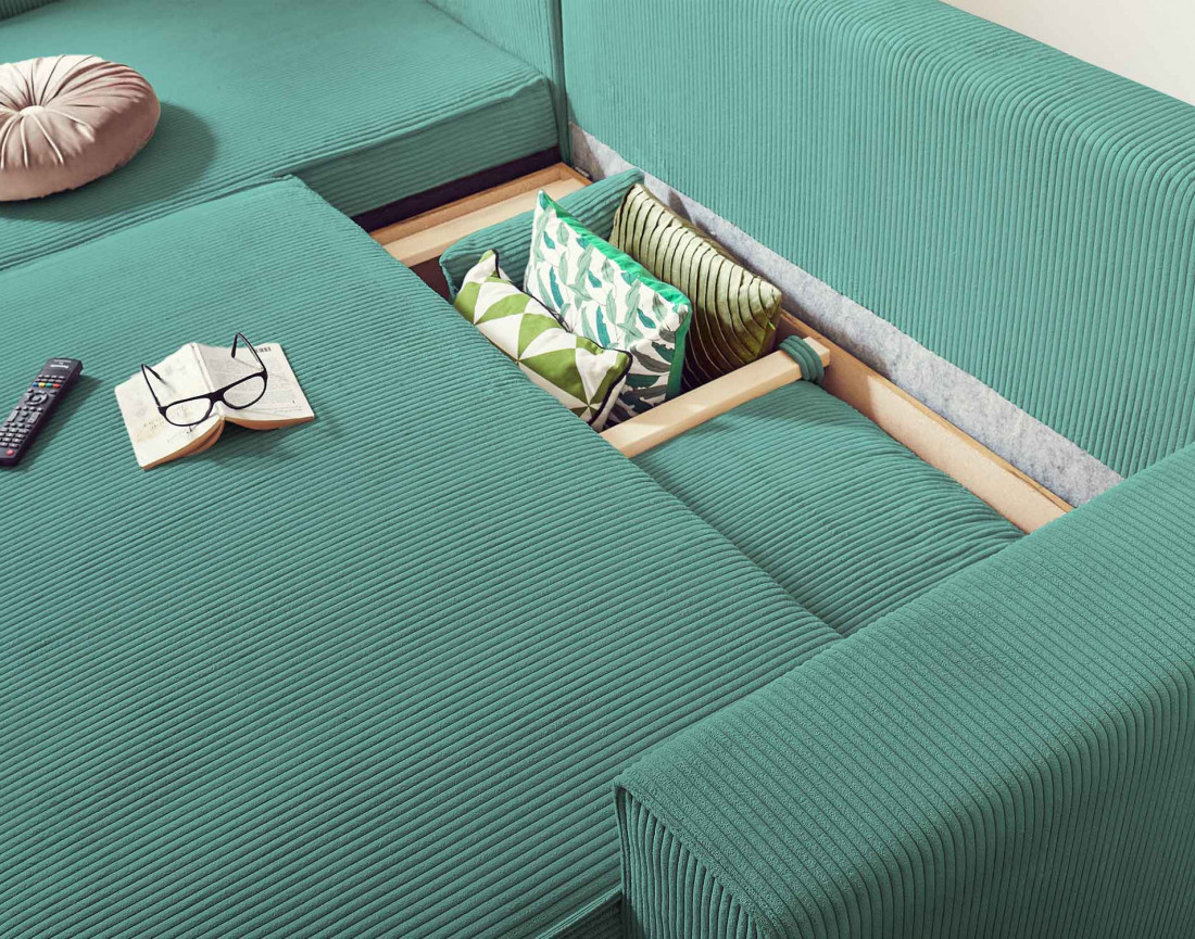 Dellia - canapé d'angle 4 places réversible convertible avec coffre en velours côtelé - style contemporain