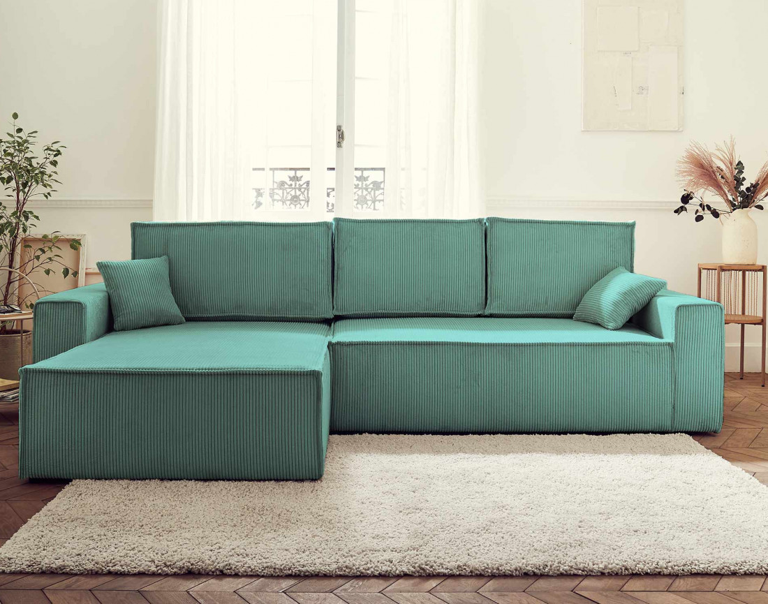 Dellia - canapé d'angle 4 places réversible convertible avec coffre en velours côtelé - style contemporain